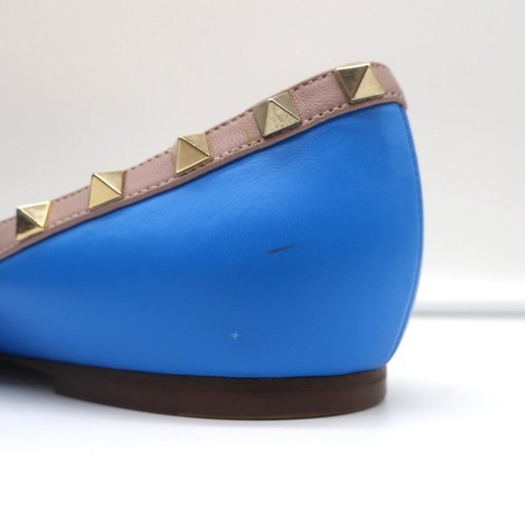 VALENTINO ROCKSTUD BALLET FLATS BLUE & POUDRE LEATHER SIZE 40 POINTED TOE - Picture 9 of 12